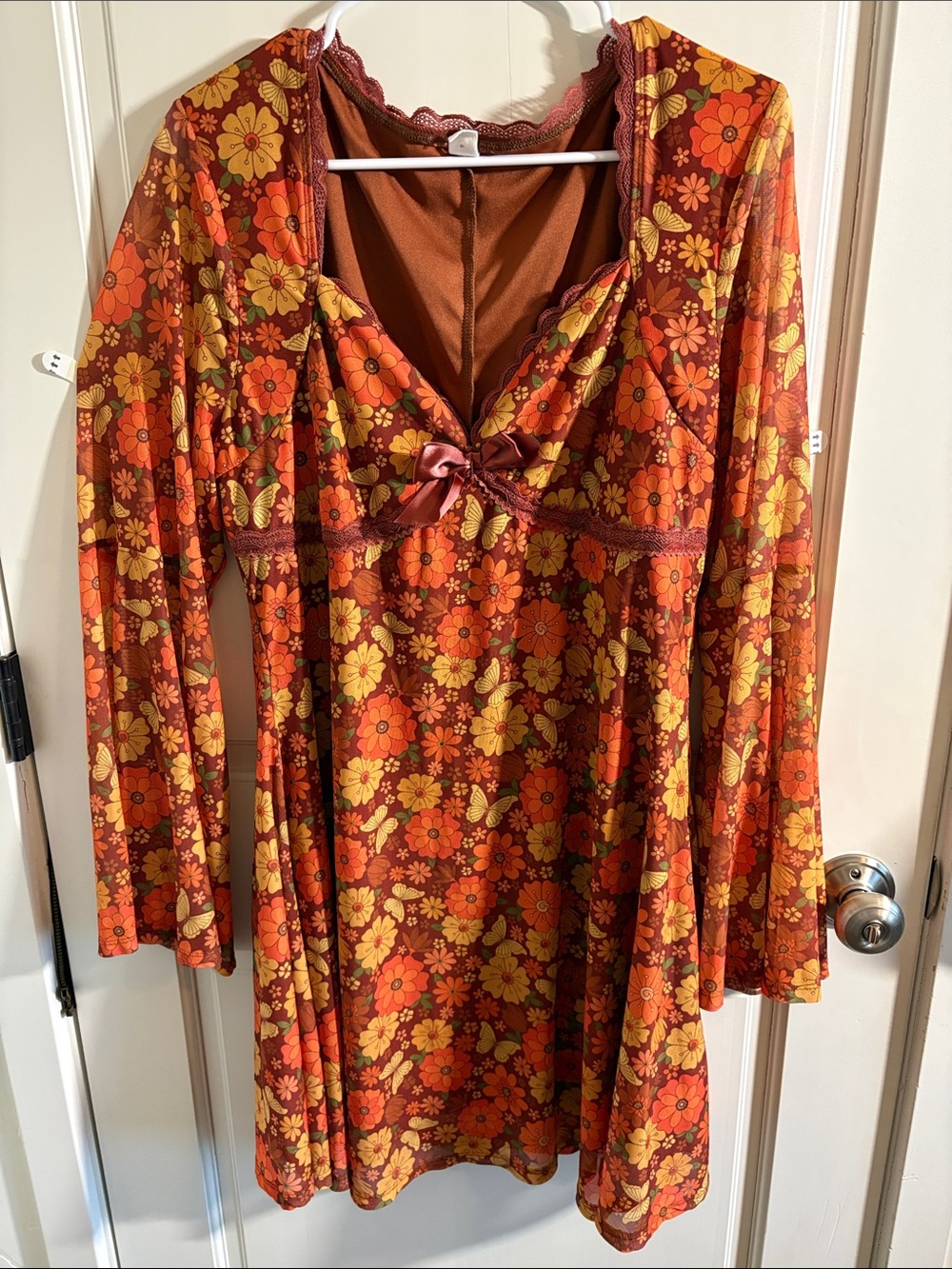 Long-Sleeve Floral Mini Dress in Rust Orange